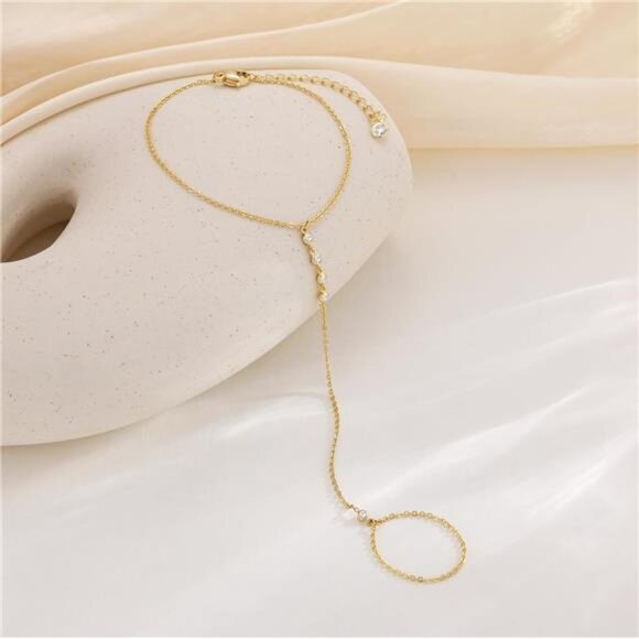 Women Gold Hand Chain Ring Bracelet14K Gold Plated Finger Ring Bracelet - Picture 5 of 7